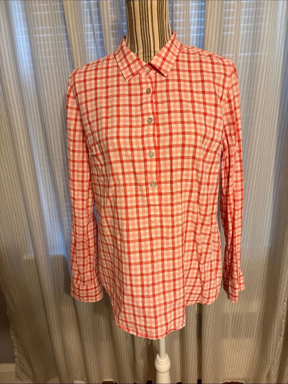 Vineyard Vines Coral and White Plaid Button-Up Top